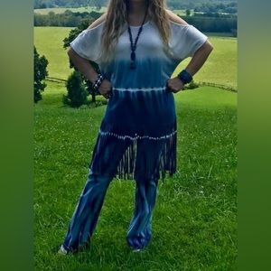 NWT JODIFL Cold Shoulder SS Tank Rust & Cream Fringe BOHO Tunic Size Small